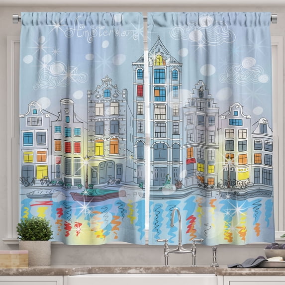 Ambesonne Christmas Kitchen Curtains, Amsterdam Canal Xmas, 55"x39", Multicolor