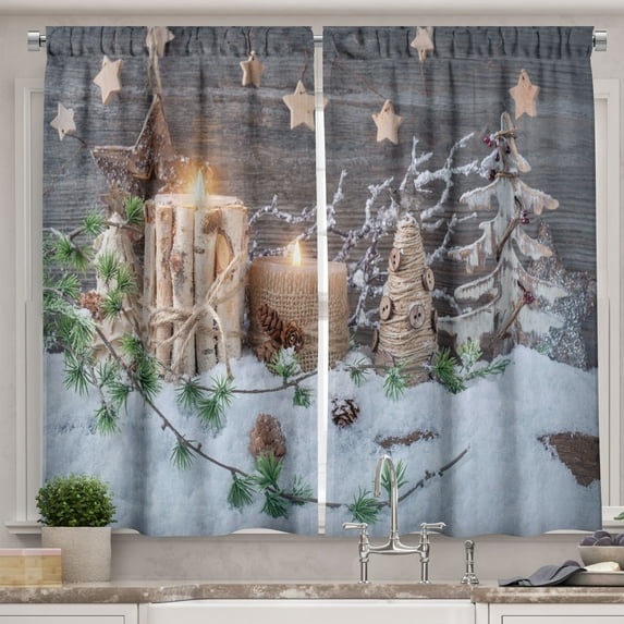 Ambesonne Christmas Kitchen Curtains, Candles with Snowman Art, 55"x45", White Brown
