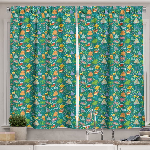 Ambesonne Christmas Kitchen Curtains, Colorful Doodle Elements, 55"x45", Teal and Multicolor