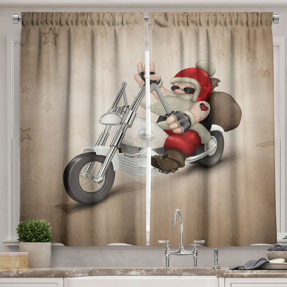 Ambesonne Christmas Kitchen Curtains, Cool Santa on Bike, 55"x45", Red and Cream
