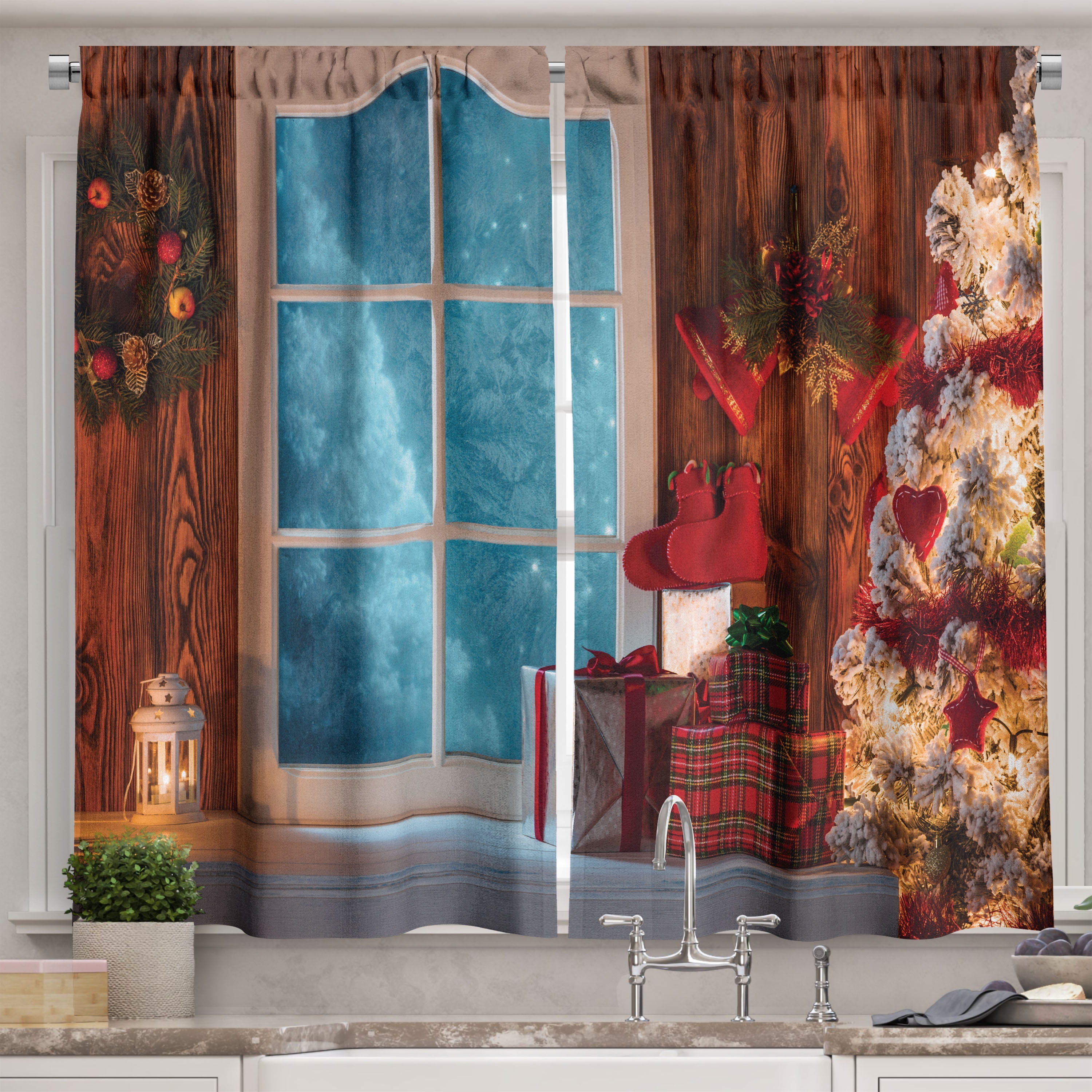 Ambesonne Christmas Kitchen Curtains Frozen Snowy House 55 X45 Red Blue Com