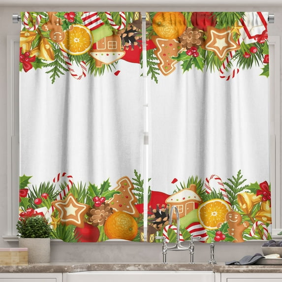 Ambesonne Christmas Kitchen Curtains, Gingerbread Theme, 55"x24", Multicolor