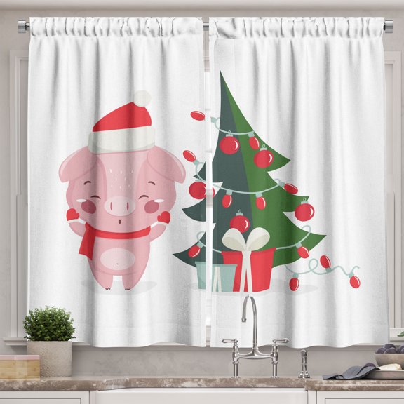 Ambesonne Christmas Kitchen Curtains, Happy Pig with Xmas Tree, 55"x45", White and Multicolor