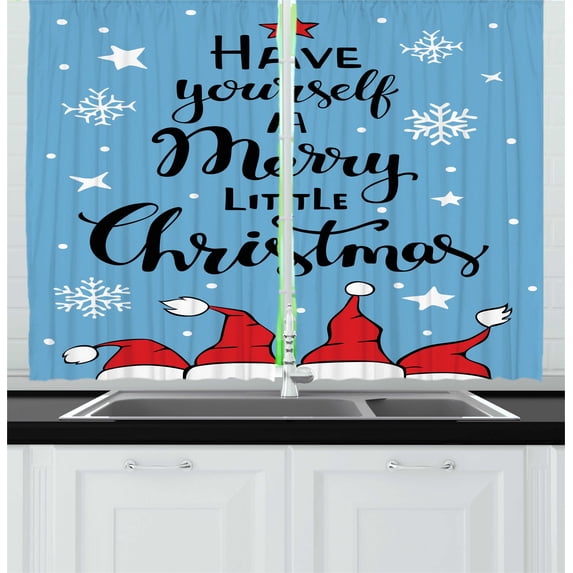 Ambesonne Christmas Kitchen Curtains, Merry Little Xmas on Blue, 55"x45", Sea Blue Vermilion