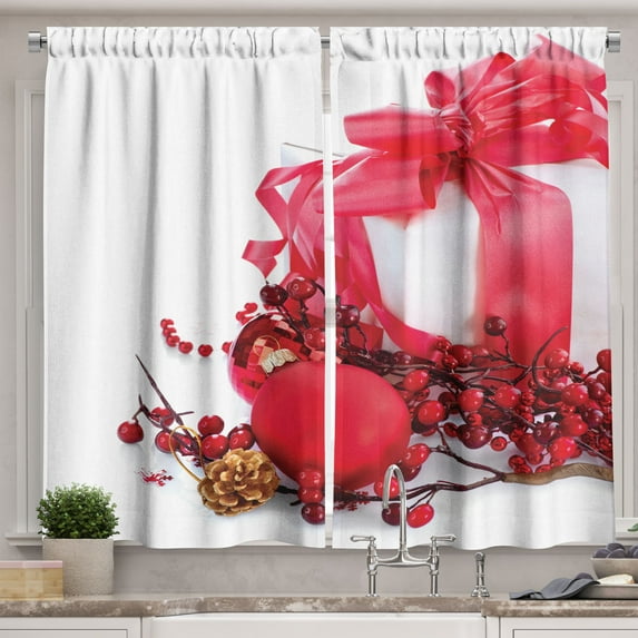 Ambesonne Christmas Kitchen Curtains, New Year Berries, 55"x45", Dark Coral and White