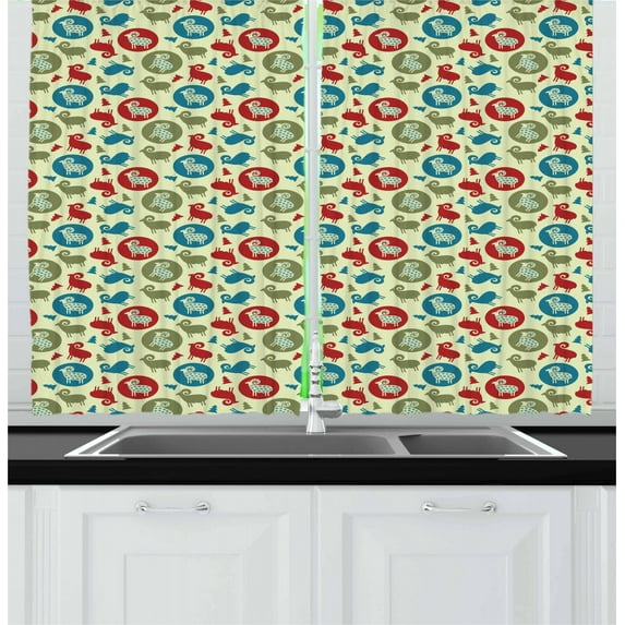 Ambesonne Christmas Kitchen Curtains, Pine Tree Ram, 55"x39", Multicolor