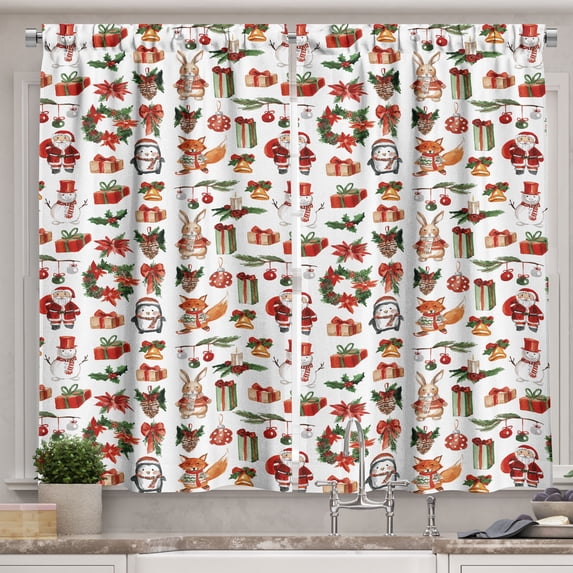 Ambesonne Christmas Kitchen Curtains, Rabbits Candles, 55"x45", Red Green Orange