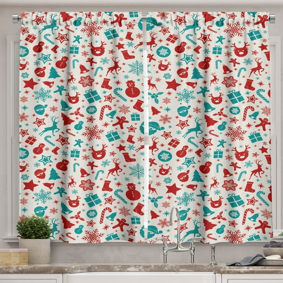 Ambesonne Christmas Kitchen Curtains, Reindeer Santa Snowflakes, 55"x30", Vermilion and Dark Turquoise