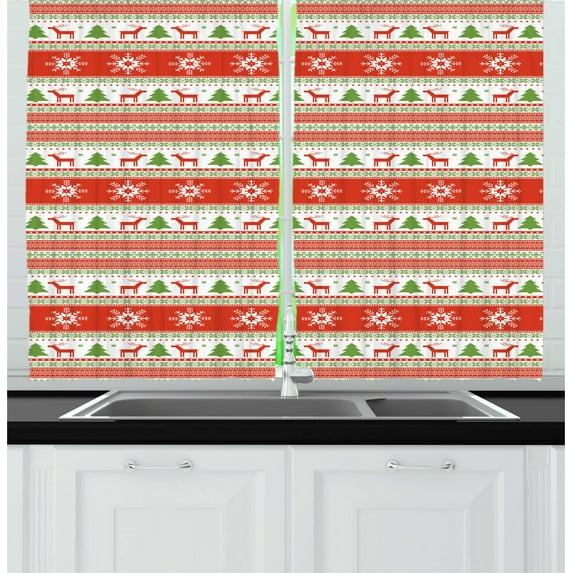 Ambesonne Christmas Kitchen Curtains, Reindeer Snowflake, 55"x45", Vermilion Green White