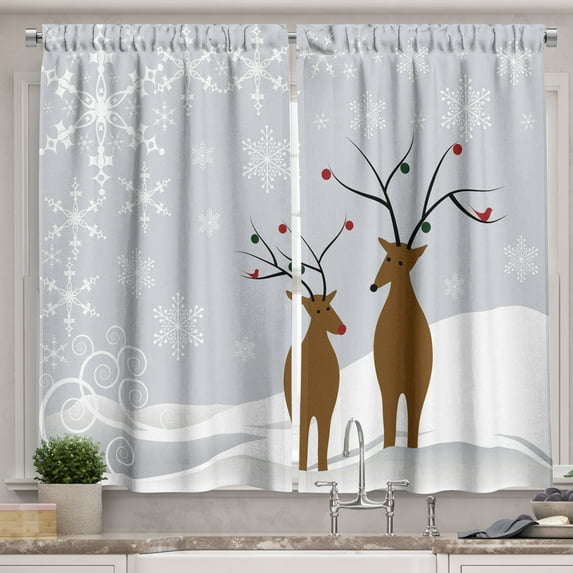 Ambesonne Christmas Kitchen Curtains, Reindeers Noel, 55"x45", Brown Pale Grey White