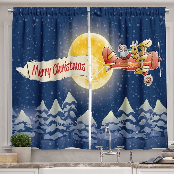 Ambesonne Christmas Kitchen Curtains, Santa Claus Airline, 55"x39", Dark Blue Marigold Red
