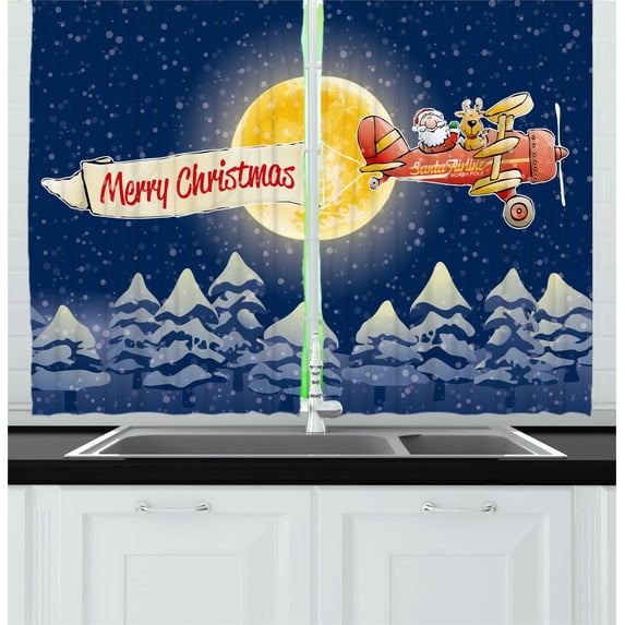 Ambesonne Christmas Kitchen Curtains, Santa Claus Airline, 55"x45", Dark Blue Marigold Red