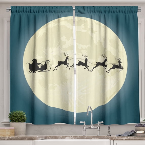Ambesonne Christmas Kitchen Curtains, Santa Claus Silhouette, 55"x39", Cream Night Blue Black