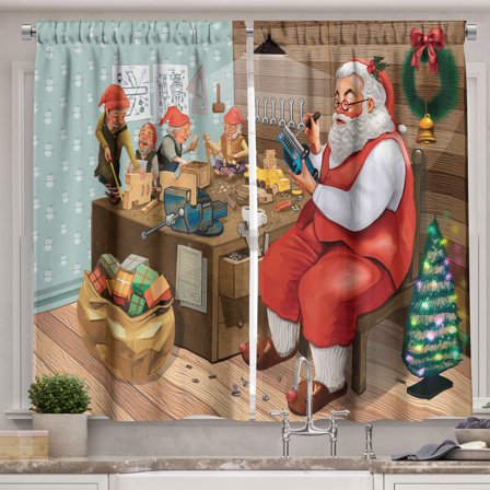 Ambesonne Christmas Kitchen Curtains, Santa Making Presents, 55"x24", Multicolor