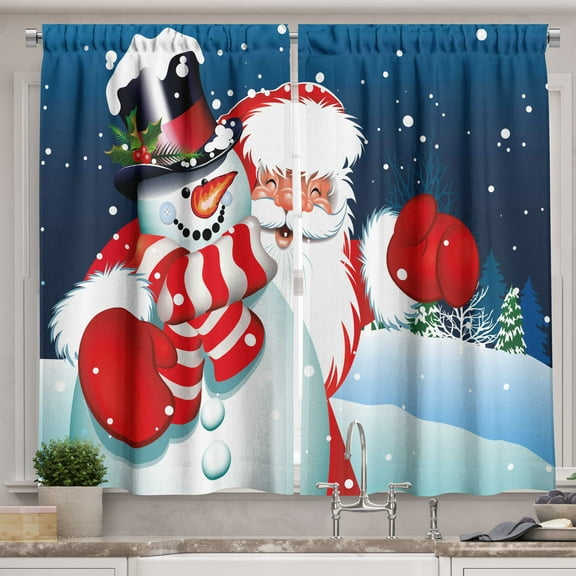 Ambesonne Christmas Kitchen Curtains, Santa Snowman Hug, 55"x39", Blue Red White