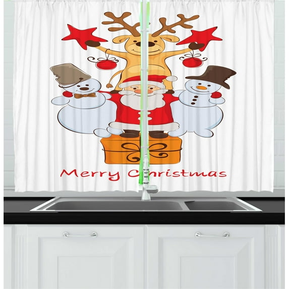 Ambesonne Christmas Kitchen Curtains, Santa Snowman Reindeer, 55"x45", White Vermilion Mustard