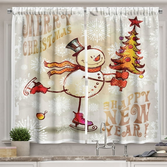 Ambesonne Christmas Kitchen Curtains, Skating Happy Snowman, 55"x45", Multicolor