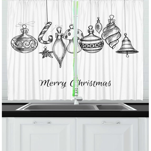 Ambesonne Christmas Kitchen Curtains, Sketchy Ornaments, 55"x39", Black White