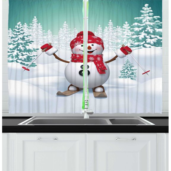 Ambesonne Christmas Kitchen Curtains, Skiing Snowman Trees, 55"x45", Teal Red White