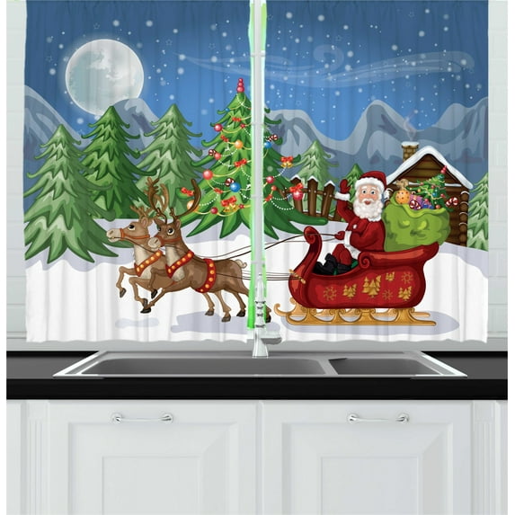 Ambesonne Christmas Kitchen Curtains, Snowdrift Reindeers, 55"x39", Multicolor