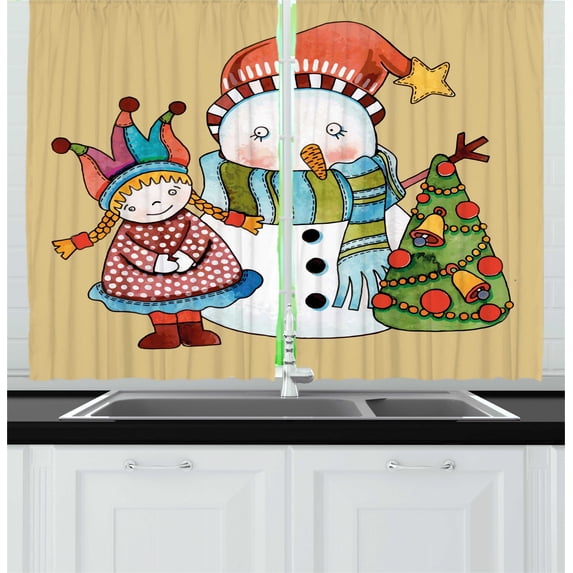 Ambesonne Christmas Kitchen Curtains, Snowman Tree, 55"x39", Multicolor