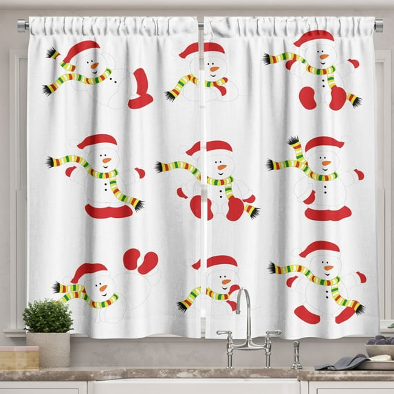 Ambesonne Christmas Kitchen Curtains, Snowmen with Scarf, 55"x39", Red White Green