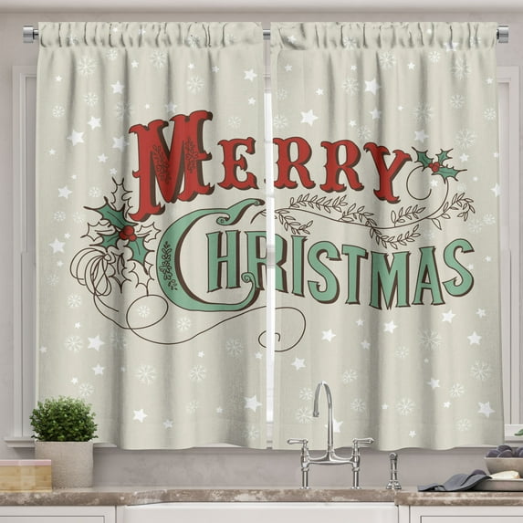Ambesonne Christmas Kitchen Curtains, Star Snowflake Retro, 55"x45", Eggshell Sea Green Ruby
