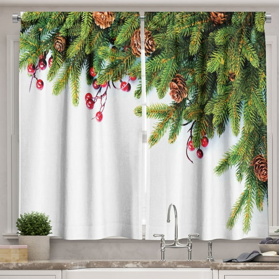 Ambesonne Christmas Kitchen Curtains, Tree Branches Cones, 55"x30", Green Brown