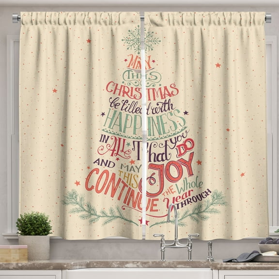 Ambesonne Christmas Kitchen Curtains, Vintage Xmas Tree Words, 55"x45", Champagne Multicolor