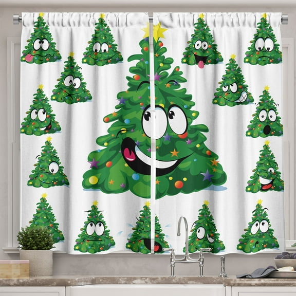 Ambesonne Christmas Kitchen Curtains, Xmas Cartoon Funny, 55"x39", Green Yellow White