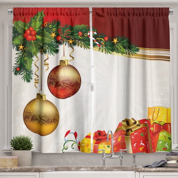 Ambesonne Christmas Kitchen Curtains, Yule Eve Balls Baubles, 55"x30", Multicolor