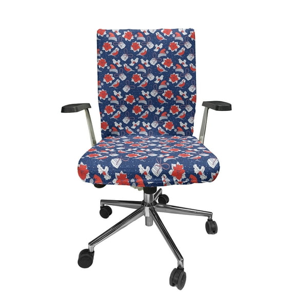 Ambesonne Christmas Office Chair Cover Stretchable High Back, Bullfinches Santa Hats, Vermilion White Dark Blue