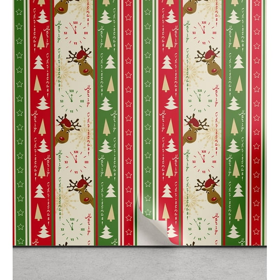 Ambesonne Christmas Peel & Stick Wallpaper for Home, Deer Pines Borders, 13"x72", Green Dark Coral White