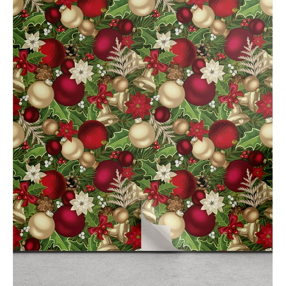 Ambesonne Christmas Peel & Stick Wallpaper for Home, Tree Branches Bells, 13"x36", Multicolor