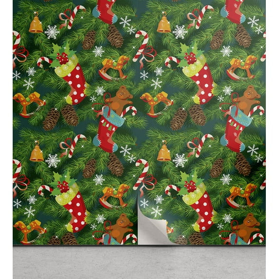 Ambesonne Christmas Peel & Stick Wallpaper for Home, Xmas Accessories Pine, 13"x36", Dark Green Brown and Red