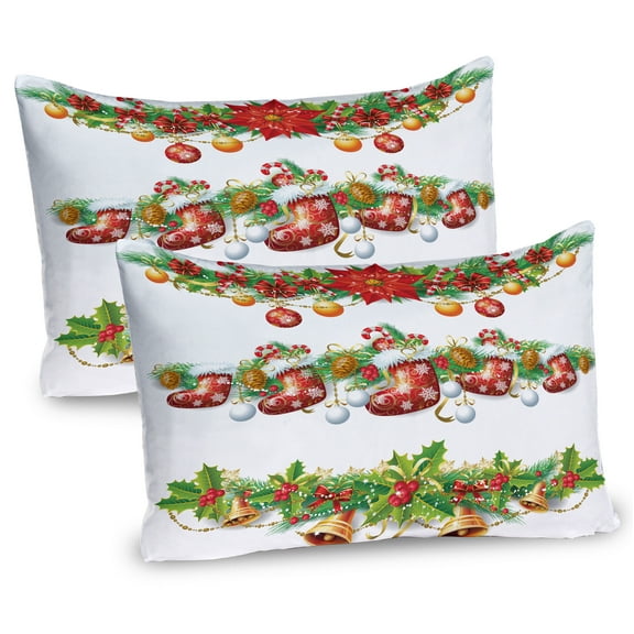 Ambesonne Christmas Pillow Sham 2 Pack, Flowers Socks and Bells, 26"x20", Orange Red Green