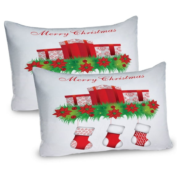Ambesonne Christmas Pillow Sham 2 Pack, Hanging Stockings, 26"x20", Red Emerald White