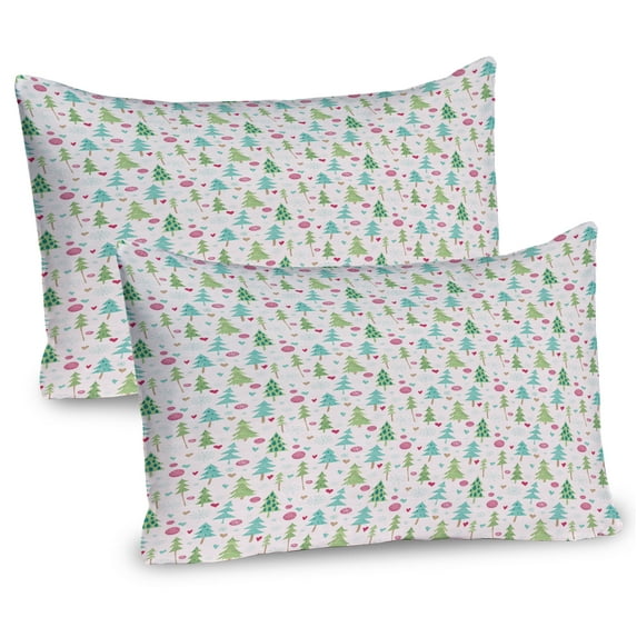 Ambesonne Christmas Pillow Sham 2 Pack, Pine Trees Heart Motifs, 36"x20", Pearl and Multicolor