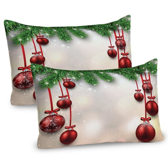 Ambesonne Christmas Pillow Sham 2 Pack, Red Balls Ribbons, 26"x20", Green and Red