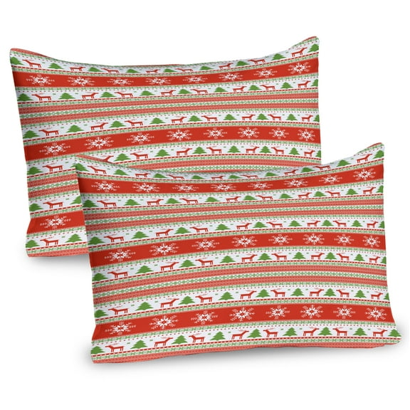 Ambesonne Christmas Pillow Sham 2 Pack, Reindeer Snowflake, 36"x20", Vermilion Green White