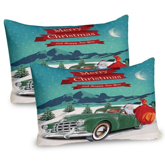 Ambesonne Christmas Pillow Sham 2 Pack, Santa in Classic Car, 36"x20", Teal Red