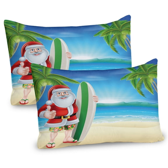 Ambesonne Christmas Pillow Sham 2 Pack, Santa with Surfboard, 26"x20", Blue Green
