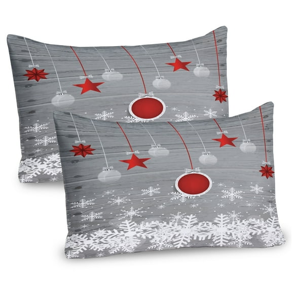 Ambesonne Christmas Pillow Sham 2 Pack, Stars Baubles Snow, 30"x20", Grey Red White