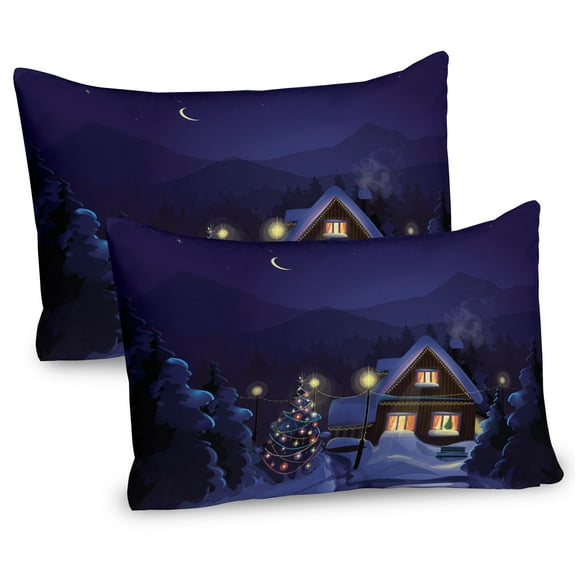 Ambesonne Christmas Pillow Sham 2 Pack, Winter Home and Tree, 36"x20", Purple Blue