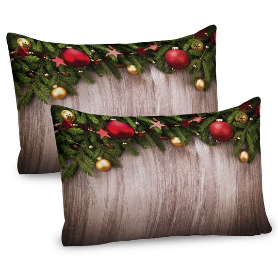 Ambesonne Christmas Pillow Sham 2 Pack, Wooden Rustic Xmas, 36"x20", Brown Green Red