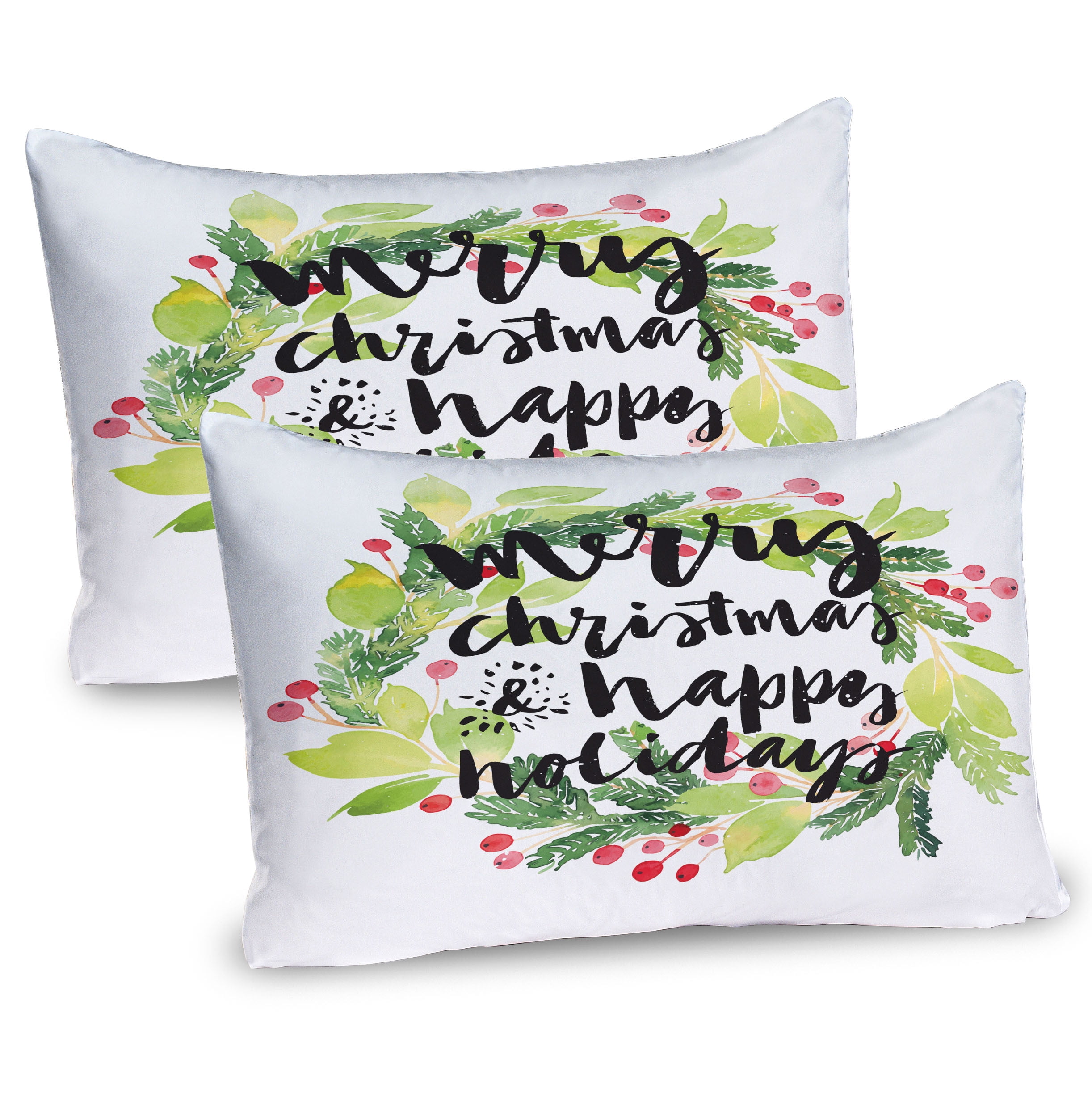Festive Christmas Wreath Red Berries Pillow Shams, 26"x20", White Green