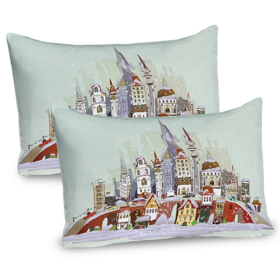 Ambesonne Christmas Pillow Sham 2 Pack, Xmas City Holiday, 30"x20", Pale Green Lavender
