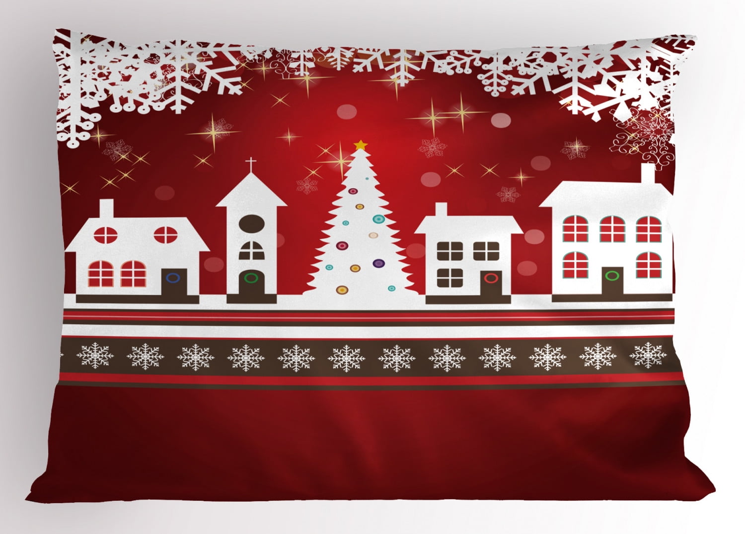 Festive Red and White Christmas Village Polyester Pillow Sham