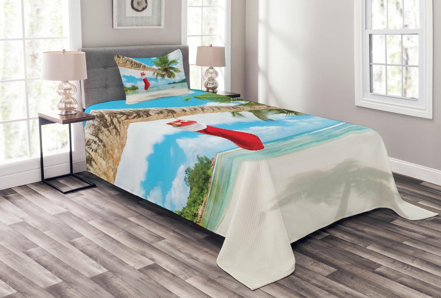 Multicolor Beach Christmas Stockings Twin Bedspread Set