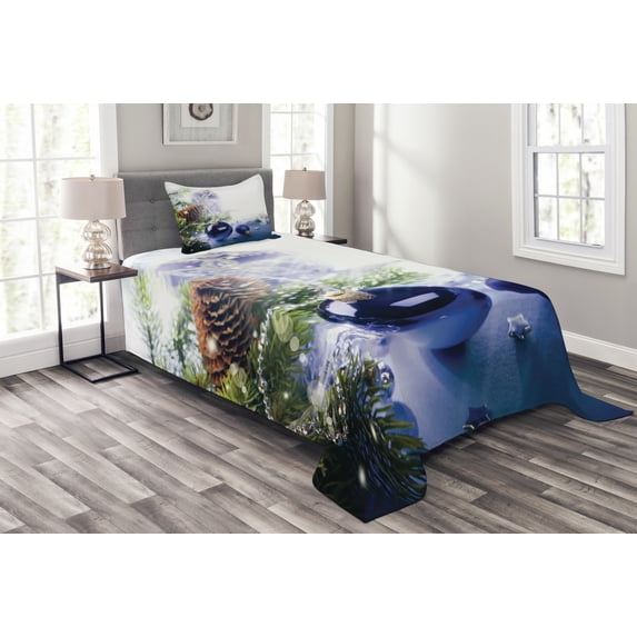 Ambesonne Christmas Quilted Bedspread Set 2 Pcs, Blue Toned Ornamental, Twin Size, Multicolor